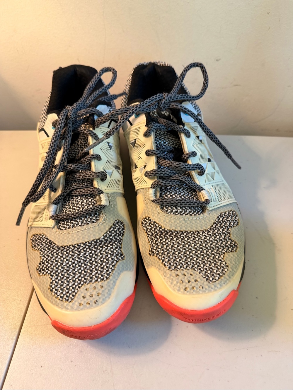 Women's Athletic Running Shoes - Cream & Gray with Coral Accent